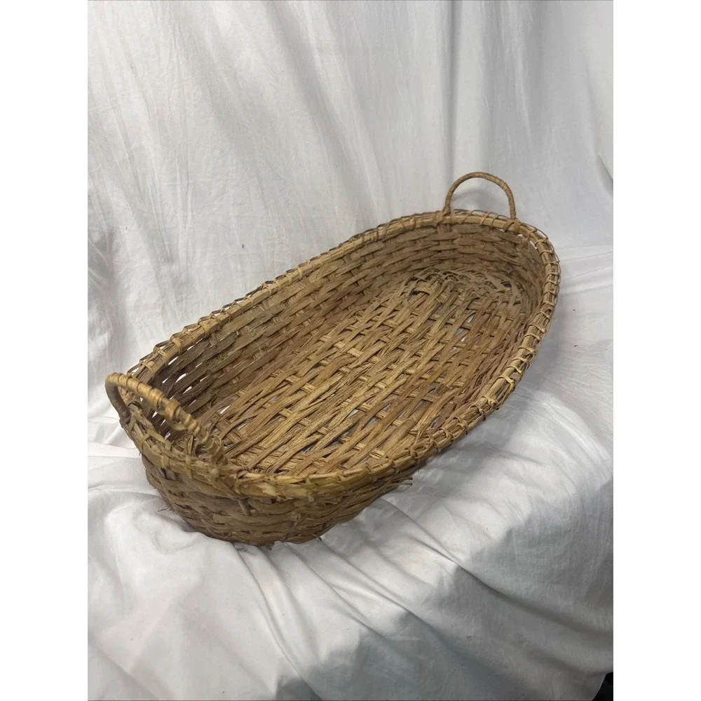 Antique Large Oval Oak Wood Splint Gathering Baguettes Basket Handles Primitive
